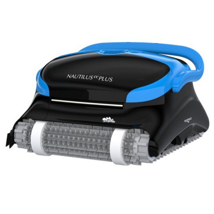 The Maytronics Dolphin Nautilus CC Plus Cleaner 99996406-PCI (with Wi-Fi) is a state-of-the-art pool robot featuring sleek blue accents and a cylindrical brush. With the convenience of the MyDolphin Plus app, maintaining your pool has never been easier.