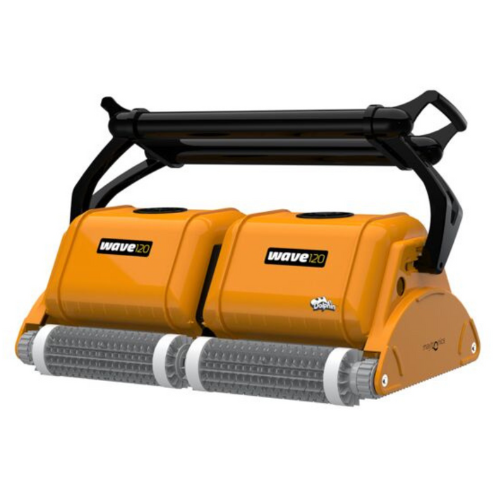The Maytronics Dolphin Wave 120 Commercial Robotic Pool Cleaner 9999359-W120, an orange robotic pool cleaner with two large brushes, is perfect for efficient pool maintenance.