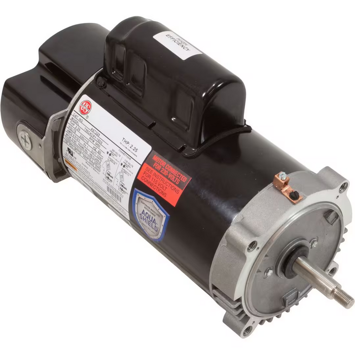The Nidec 2.25HP Single Speed Up-Rated Motor 56J Hayward AST225 by Nidec/U.S. Motors is a black and silver severe duty motor with labeling on one side and a protruding shaft on the other, designed to endure demanding environments.