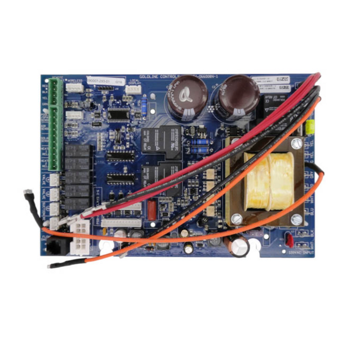 The Hayward GLX-PCB-MAIN Main PCB Board Aqua Logic, featuring a blue printed circuit board with various electronic components, wires, and connectors, is ideal for replacing Hayward Aqua Logic main boards.