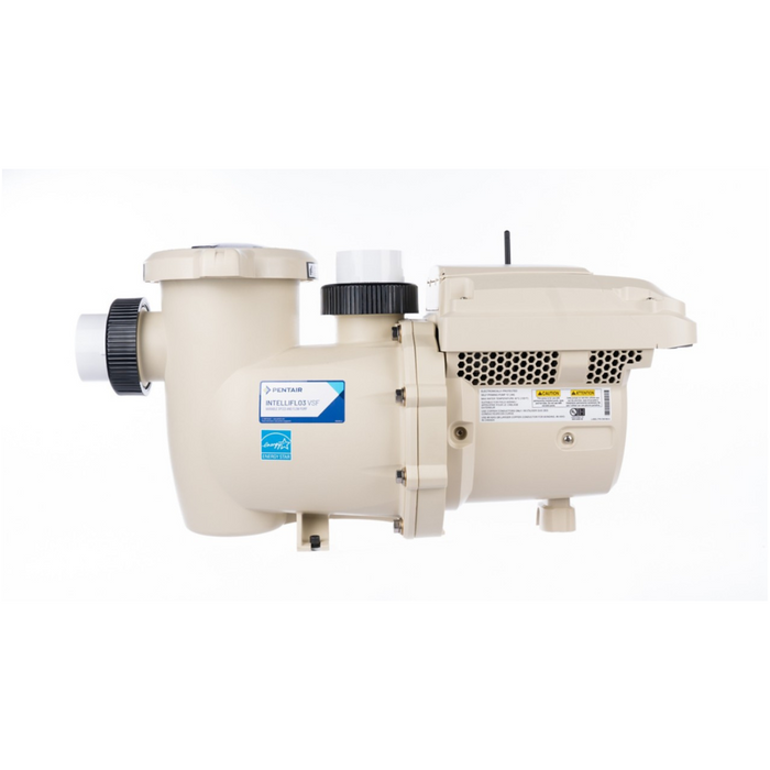 A side view of the Pentair 1.5HP IntelliFlo3 VSF Variable Speed Flow Pump 011065 in beige, featuring sensorless flow control along with various connectors and labels on a white background for optimal energy savings from Pentair Pool.