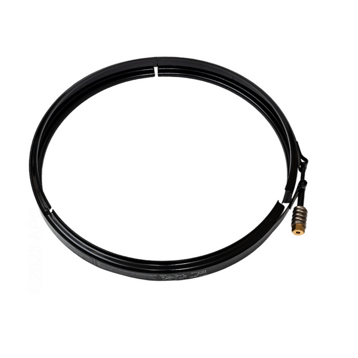 Black coiled cable featuring a metal connector, similar in appearance to a component from the Pentair Pool 190003 Clamp Kit with Tension Control, set against a white background.