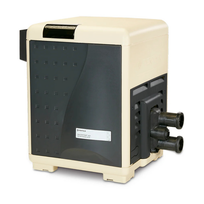 Pentair Pool's 250K BTU MasterTemp Natural Gas Heater 460732 in beige and black features three visible pipes on the side, and it pairs seamlessly with a Smart Bypass Valve Kit for improved efficiency.