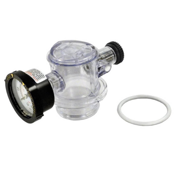 Pentair 273564Z Clear Body Manual Air Relief Assembly, featuring an attached black gauge and white O-ring, lying beside it on a plain background; compatible with Pentair Pool Sand Filters for TR100C/TR140C models.