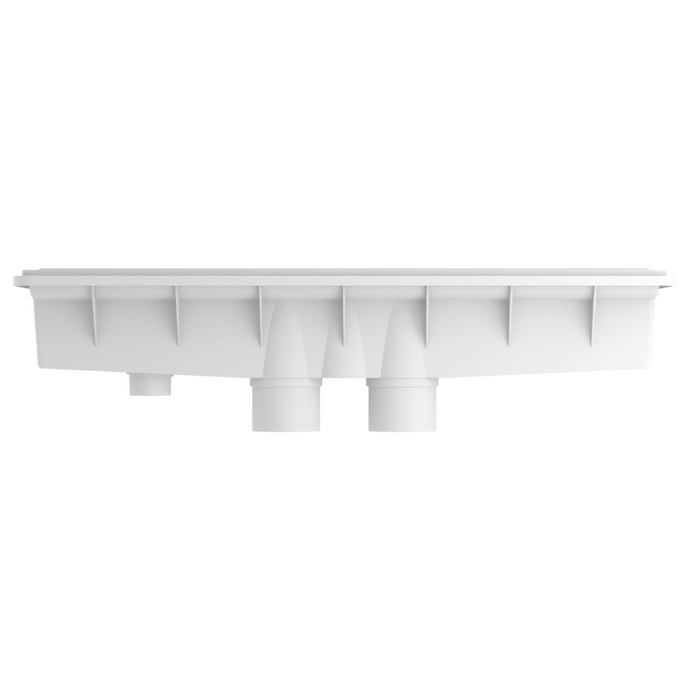 The Pentair Pool A&A 280072 AVSC PHX Pebble Top Single Inlet Top Channel Drain in dark gray is a robust plastic drainage solution featuring multiple pipe connections and a flat top. Designed for pool circulation systems, this product ensures efficient and reliable water management, compatible with various Pentair components.