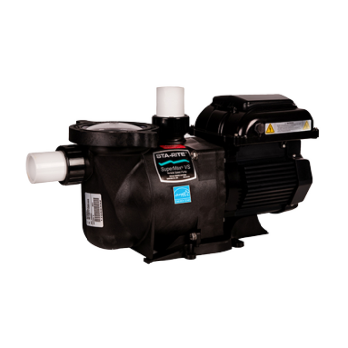 The Pentair Pool 1.5HP Sta-Rite SuperMax Variable Speed Pump 343001 is a pool pump with a stylish black casing and two white pipe connectors, making installation straightforward. This model provides substantial energy cost savings, promoting efficient operation while lowering your electricity bills.