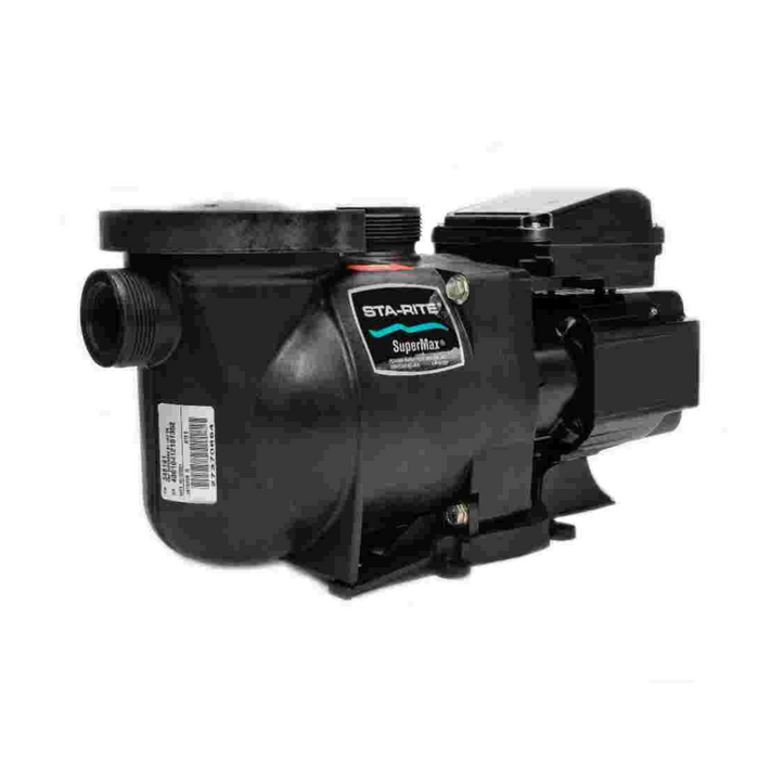 A black Pentair Sta-Rite SuperMax Single-Speed TEFC Pump 348191 1.1 HP, known for its energy-efficient motors, is shown in profile on a white background.