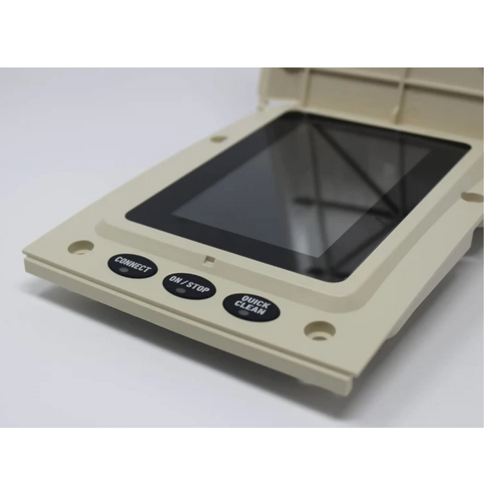 A close-up of a Pentair 356159Z IntelliFlo3 VSF pool pump in almond, featuring a universal touchscreen and three labeled buttons: "Connect," "On/Stop," and "Quick Clean.