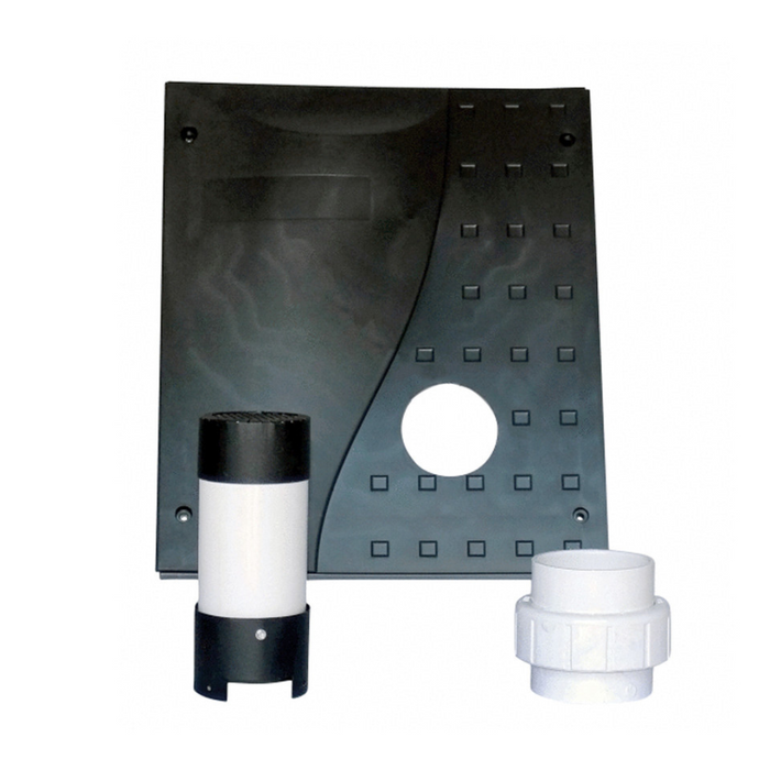 A black rectangular panel with a grid pattern and two white cylindrical components from the Pentair 461031 MasterTemp Heater Direct Air Intake Duct Kit by Pentair Pool placed in front of it.