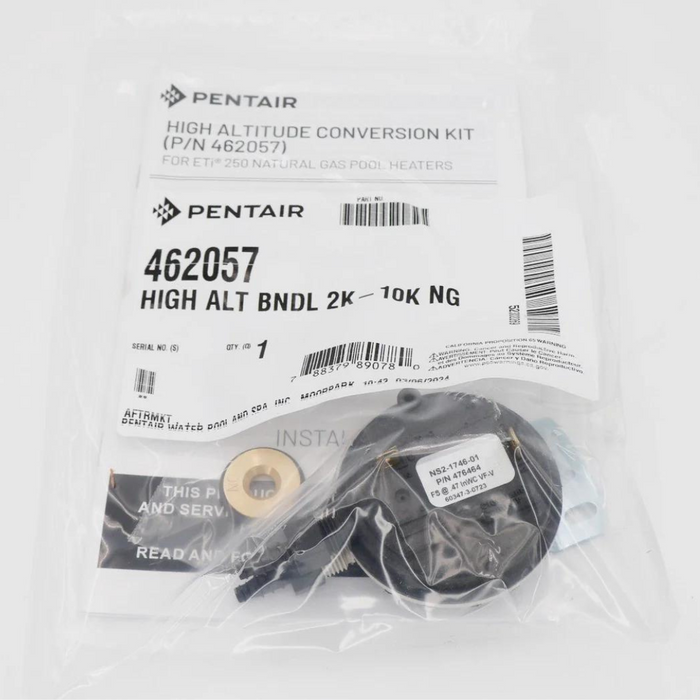 The Pentair Pool 462057 ETi 250 High-Altitude Conversion Kit for natural gas, designed for altitudes ranging from 2,000 to 10,000 feet, is packaged in a clear bag that neatly displays all the included parts.