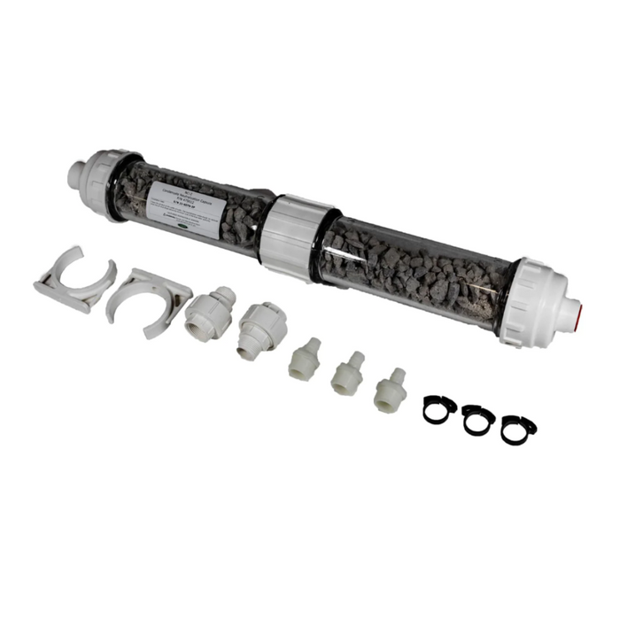 A water filter system with connectors, clips, and fittings arranged on a white background, accompanied by a Pentair 475612 Condensate Neutralizer Kit for the ETi 400 Heater from Pentair Pool for optimal performance.