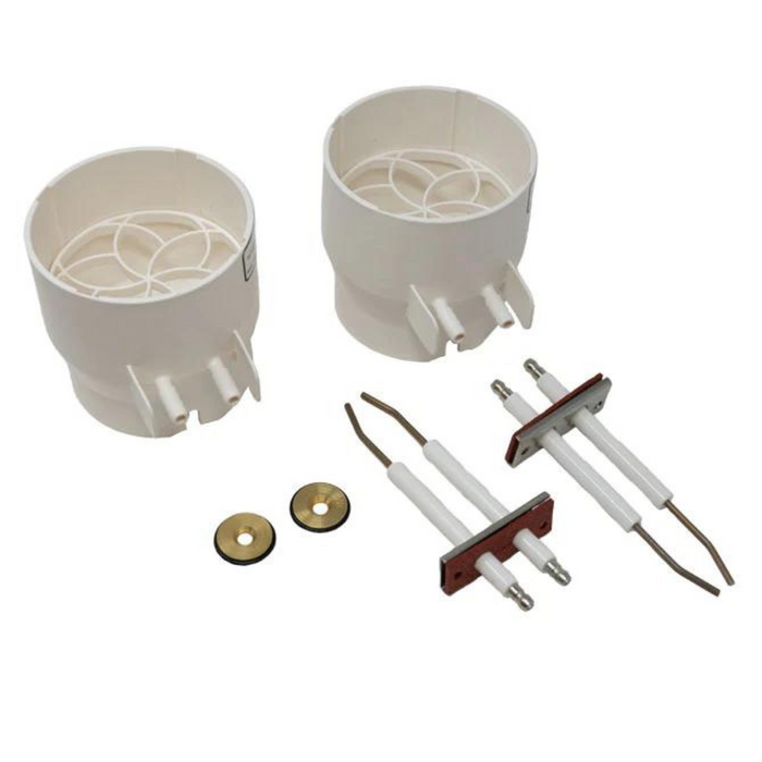 The Pentair 476072 Propane Gas Conversion Kit for the ETi 400 Heater, from Pentair Pool, includes two ceramic light sockets, two fuses with metal contacts, and two small round metal pieces, perfect for integration into your heater setup.