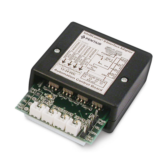 A black electronic device from Pentair Pool, equipped with a visible circuit board and connectors, is designed to integrate seamlessly with the Pentair 521109 IntelliComm® II Interface Adapter, enhancing control of variable speed pumps.