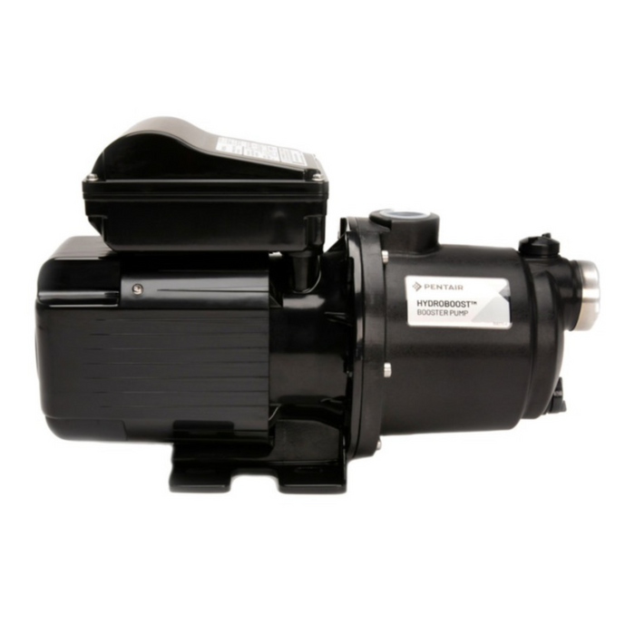 The Pentair Pool 1.1HP HydroBoost Booster Pump 360526 in black showcases a compact design on a white background, ideal for efficient operation.