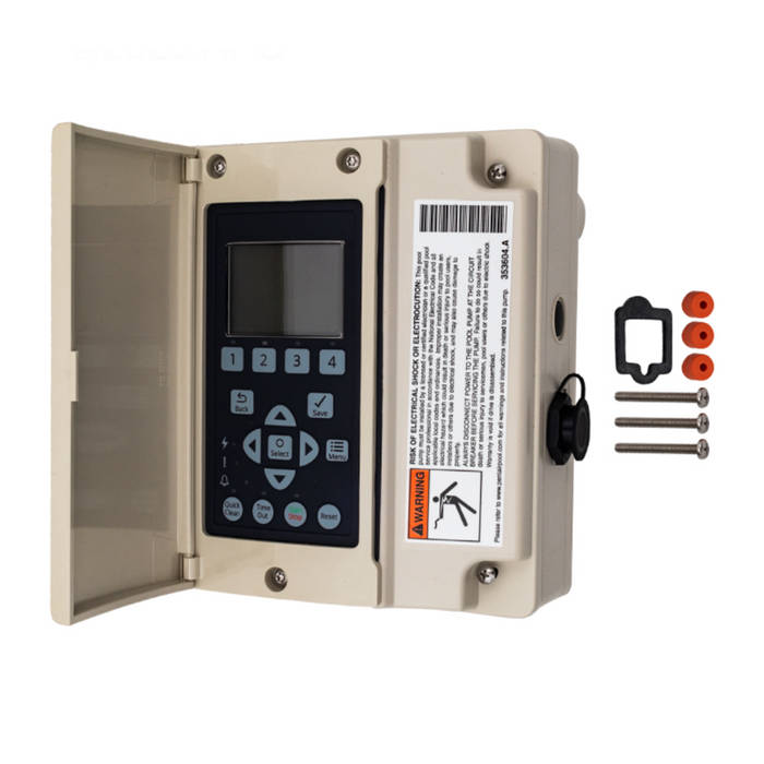 Open the electronic control box from Pentair Pool, in beige, equipped with a display and buttons. It includes the Pentair 356922Z IntelliFlo VSF Drive Kit to enhance pool pump efficiency with variable speed control. Detached screws nearby indicate it's set for installation or maintenance of the IntelliFlo VSF system.