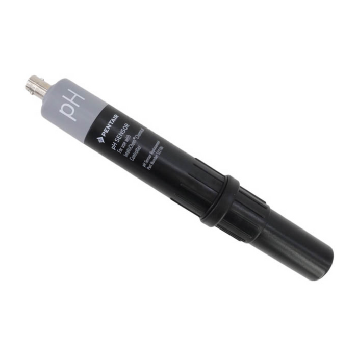 The Pentair Pool 522186 IntelliChem pH Sensor, featuring a black exterior and connector, is ideal for use with IntelliChem systems and includes the "pH" label along with product details on the side.