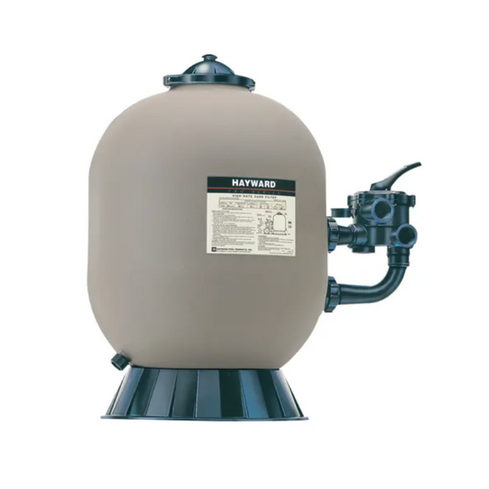 The Hayward W3S310S ProSeries 30" Side-Mount Sand Filter in beige features a black base and an attached VariFlo control valve. It boasts a self-cleaning lateral system, with labels and the manufacturer's name, Hayward, prominently displayed on the front.