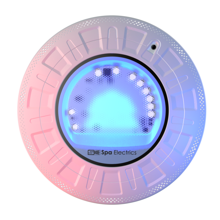 Multicolored LED round spa or pool light featuring the "Spa Electrics" logo at the center. This high-quality Spa Electrics RETRO R10 Universal 10" Retro-Fit Pool Light includes a Quick Connect Plug for easy installation.