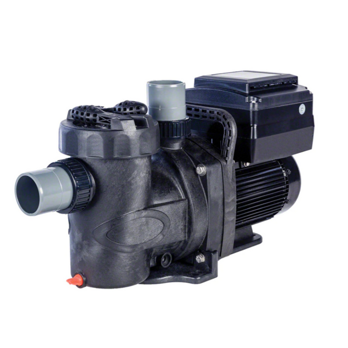 A sleek Speck Badu 2.7HP Pro-V Variable Speed Pump in black, featuring a self-priming motor and two pipe fittings, perfectly showcased against a white background.