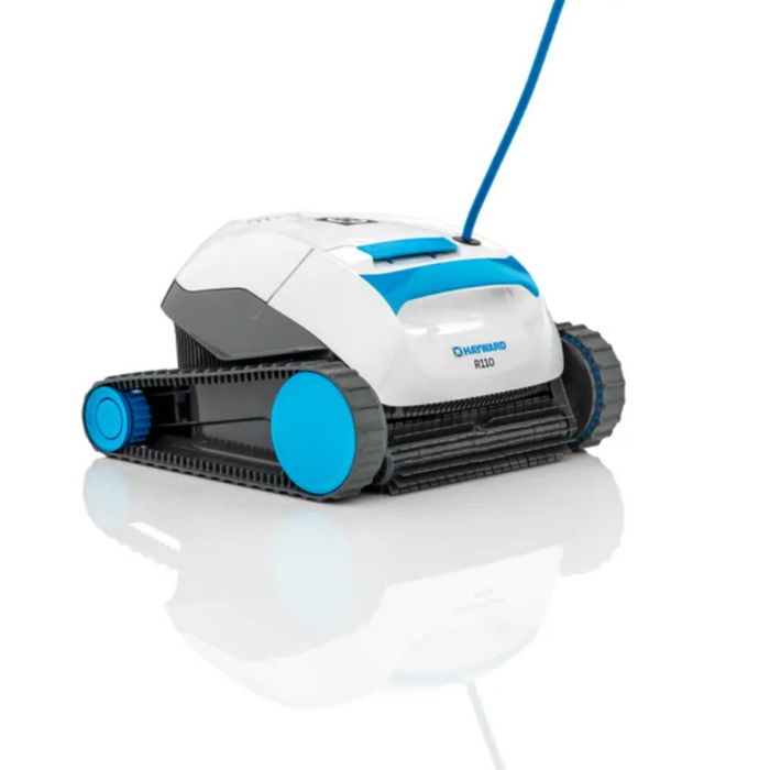 The Hayward R110 Robotic Cleaner, suitable for pools up to 33', features white and blue styling with black rubber tank tracks and a power cord, enhanced with Smart Navigation technology, all set against a plain white background.