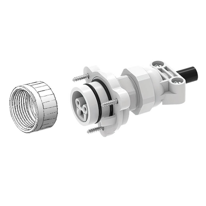 Illustration of the Blue Square Vivid 360 Pool and Spa Retro Plug Kit 400001, a waterproof connector assembly with a separate cap, featuring multiple components and screws.