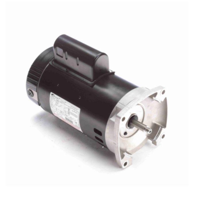 The Century 2.5HP Pump Motor 1 Ph 230V 56Y B2840 by Century is a black electric motor equipped with a metal mounting flange and an exposed stainless steel shaft, featuring sealed ball bearings for enhanced durability.