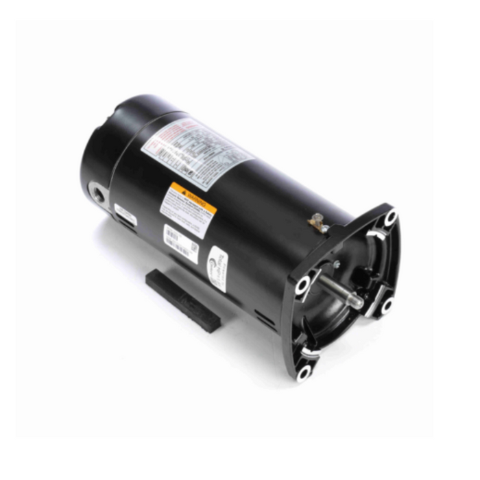 Century's 1.5HP Pump Motor, model USQ1152, features a black casing with clear label markings, visible mounting holes, and a robust 303 stainless steel shaft. Equipped with sealed ball bearings to ensure smooth operation, this motor provides consistently reliable performance. Powered by Century, it operates on either 230V or 115V and boasts a single-phase design for efficiency.