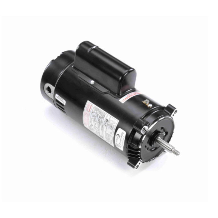 A black Century 2.0HP Pump Motor from Century, featuring a sealed switch design, labeled body, and stainless steel shaft, is angled against a white background.