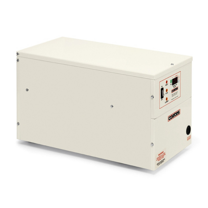 The Coates 12012CE CE Series Electric Heater 1PH 12kW 208V, in sleek white, includes a side control panel and sockets complemented by a stainless steel tank for enhanced durability.