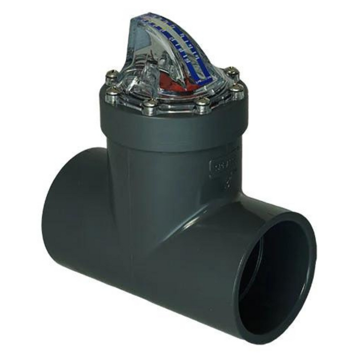 The black PVC pipe features an H2flow FV-4 4" FlowVis Flowmeter Check Valve from H2flow Controls, equipped with a clear plastic FlowVis® flow meter on top, blue and red markings, and six securing screws—ideal for pool and spa applications.