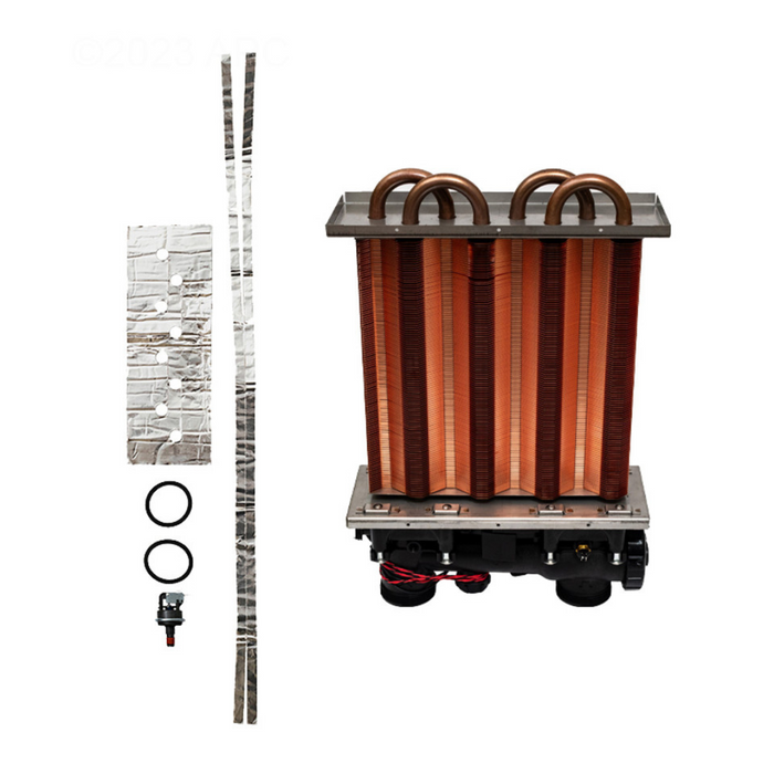 Radiator fin heater assembly with copper tubing, stainless steel strips, gaskets, and a small electronic component, resembling the efficiency of the Hayward FDXLHXA1200 Heat Exchanger Assembly H200FD 200K BTU.