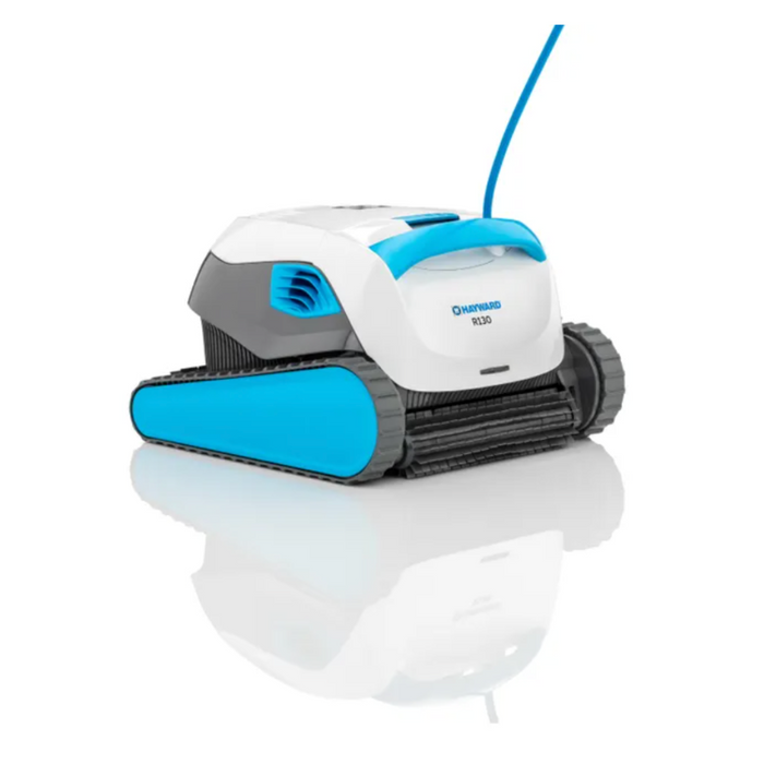 The Hayward R130 Robotic Cleaner, designed for pools up to 50 feet, boasts blue accents and treads along with smart navigation for efficient automatic cleaning.
