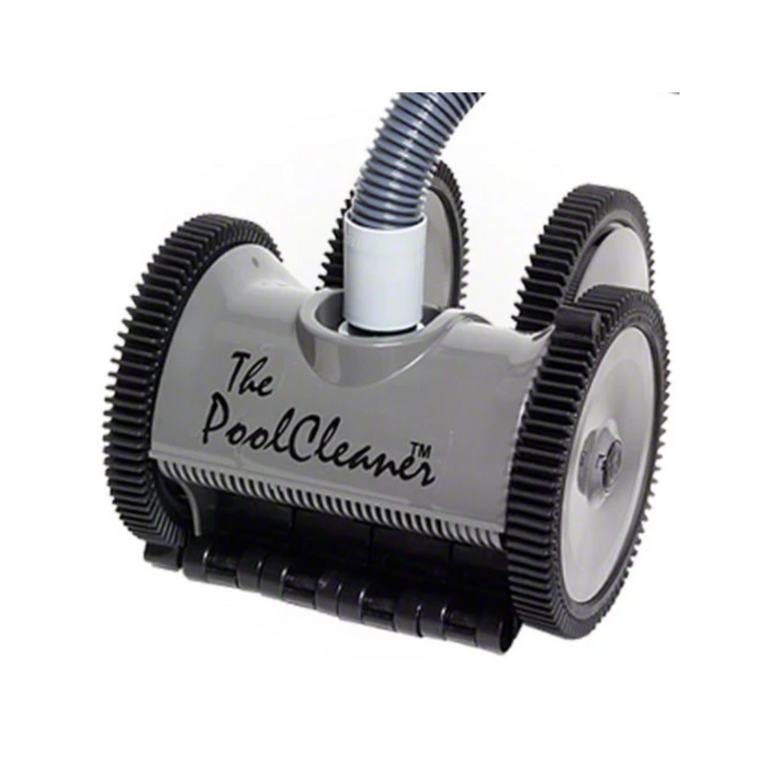 The Hayward W3PVS40GST Poolvergnuegen Pool Cleaner, 4-Wheel, Limited Edition Grey, features black wheels and a hose attachment with a self-adjusting turbine vane steering system.