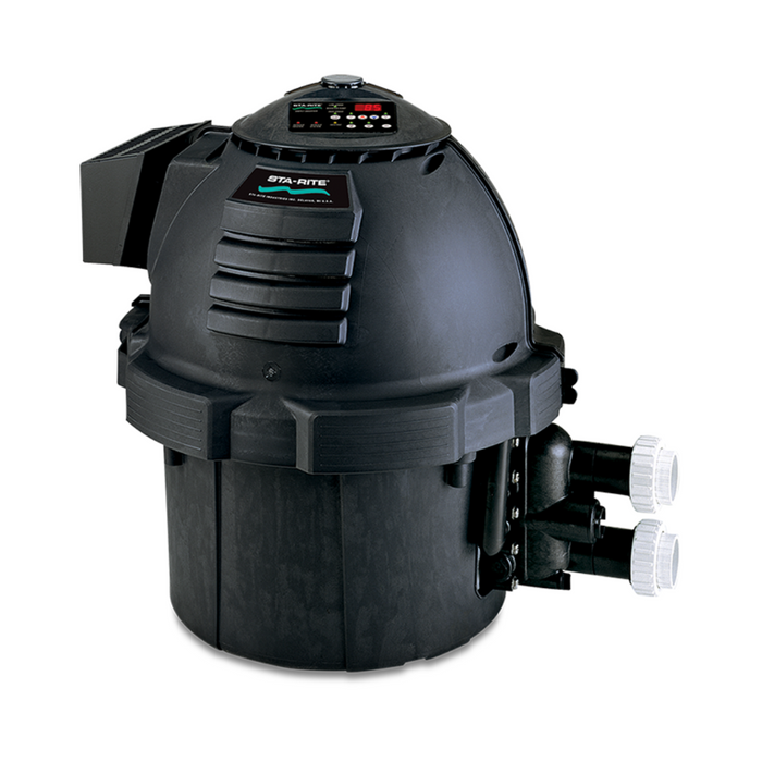 Pentair Pool's Black Pentair 400K BTU Max-E-Therm Natural Gas Heater SR400NA offers smart connectivity and a digital control panel, featuring energy-saving automation alongside two intake pipes on the side.