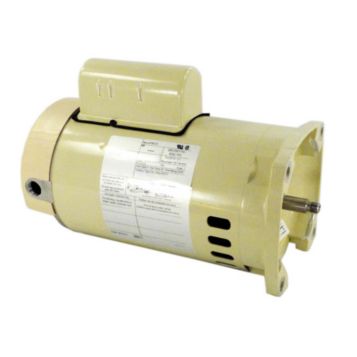 Pentair Pool's Pentair 1.5HP Motor, model 355012S WFE-6/28 for WhisperFlo Pumps, features a beige colored body with a protruding shaft and is designed to enhance energy efficiency, set against a white background.