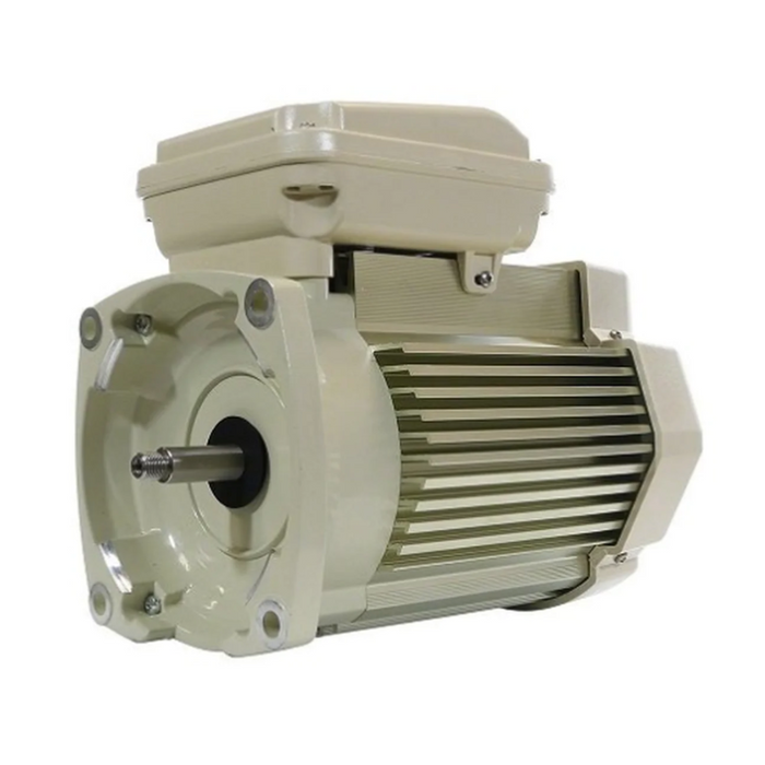 The Pentair Pool 2.0HP TEFC Motor, featuring a ribbed body and a protruding shaft, is presented from a slight angle and delivers seamless compatibility with SuperFlo and WhisperFlo Pumps.