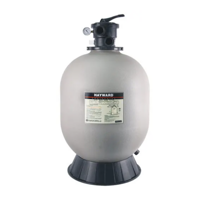 A Hayward W3S310T2 ProSeries 30" Top-Mount Sand Filter for a swimming pool, equipped with a 2" VariFlo control valve and pressure gauge on top, featuring corrosion-proof materials and a "Hayward" label on the front.