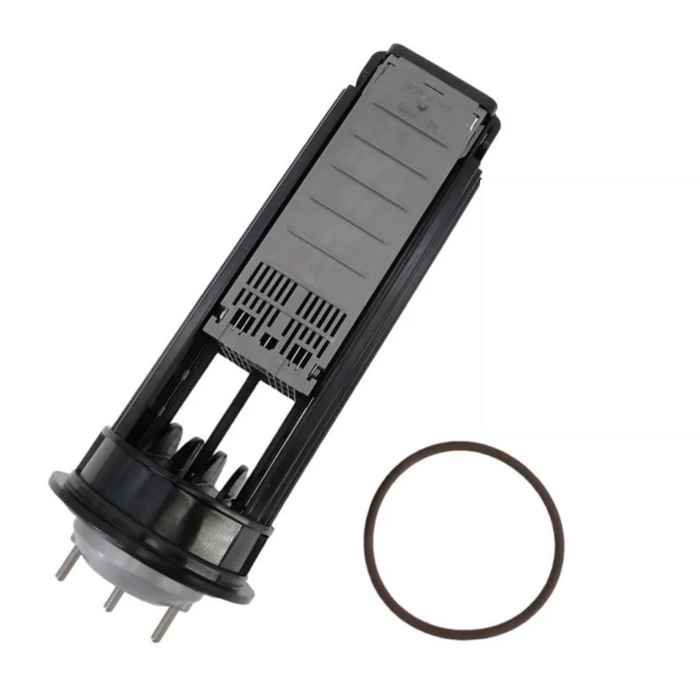 Black water filtration cartridge with a circular rubber O-ring placed beside it, isolated on a white background. This essential component is perfect for maintaining the purity of your pool's water when used with the Zodiac R0503000 Nature2 Fusion Soft 1400 Cell Kit for 40K gal Pools.