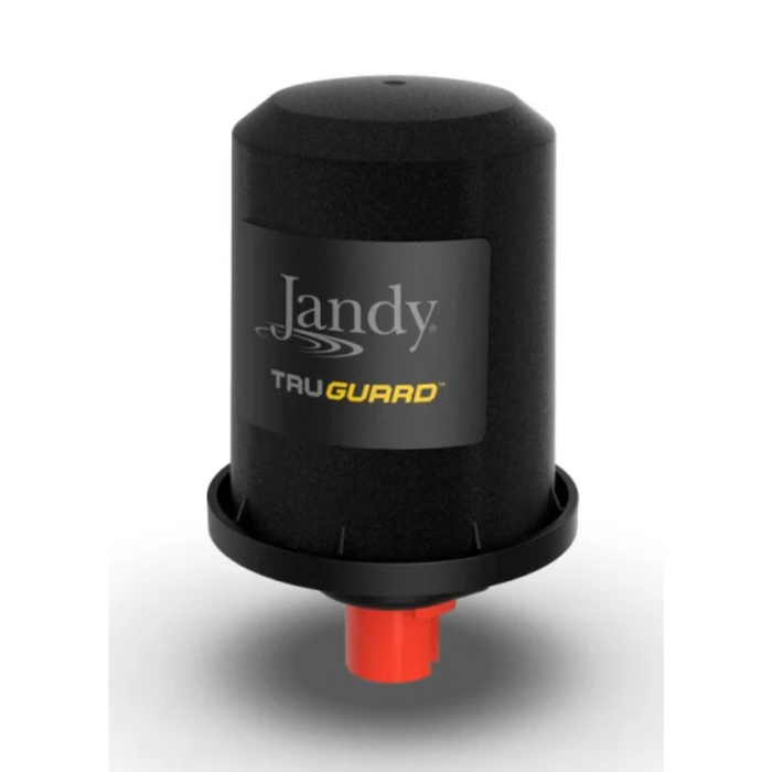 The Zodiac TRUGUARDR TruGuard Replacement Cartridge is an essential piece of pool equipment featuring a black device with a red base. It is bromine-compatible and effectively destroys bacteria, making it an ideal choice for spa mineral purification.