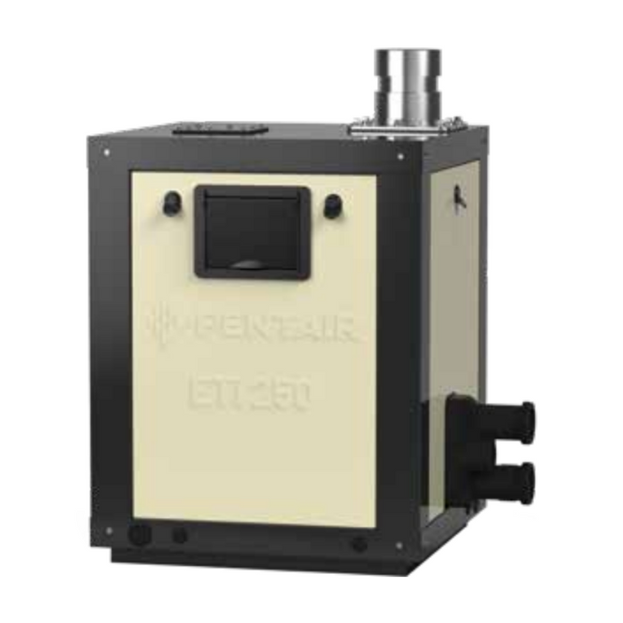 The Pentair 250K BTU ETi Natural Gas Heater 461112 from Pentair Pool offers exceptional thermal efficiency, with a robust metal exhaust pipe on top and two side pipe connections.
