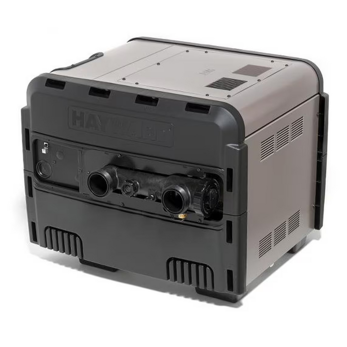 The Hayward 250K BTU H-Series Natural Gas Heater Cupro Nickel W3H250FDN, by Hayward, is a gray and black industrial machine with vents and pipes, designed for outdoor or industrial use, featuring energy-efficient technology.