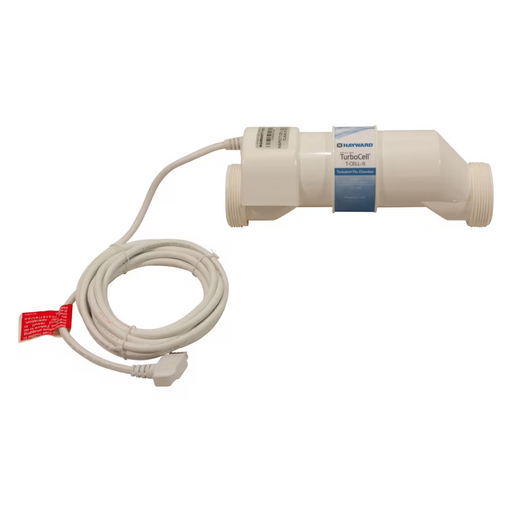 Hayward W3T-CELL-9 TurboCell Salt Cell for swimming pools, suitable for up to 25,000 gallons, featuring a 15-foot power cord and a red tag on the plug end.