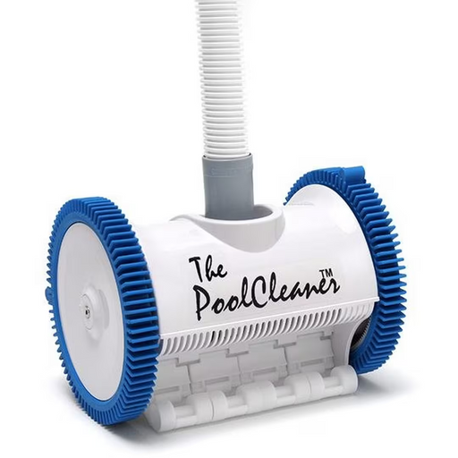The Hayward W3PVS20JST The PoolCleaner 2 Wheel Suction Cleaner is a white and blue automated suction side pool cleaner, designed for in-ground pools, featuring large wheels and a hose attachment.
