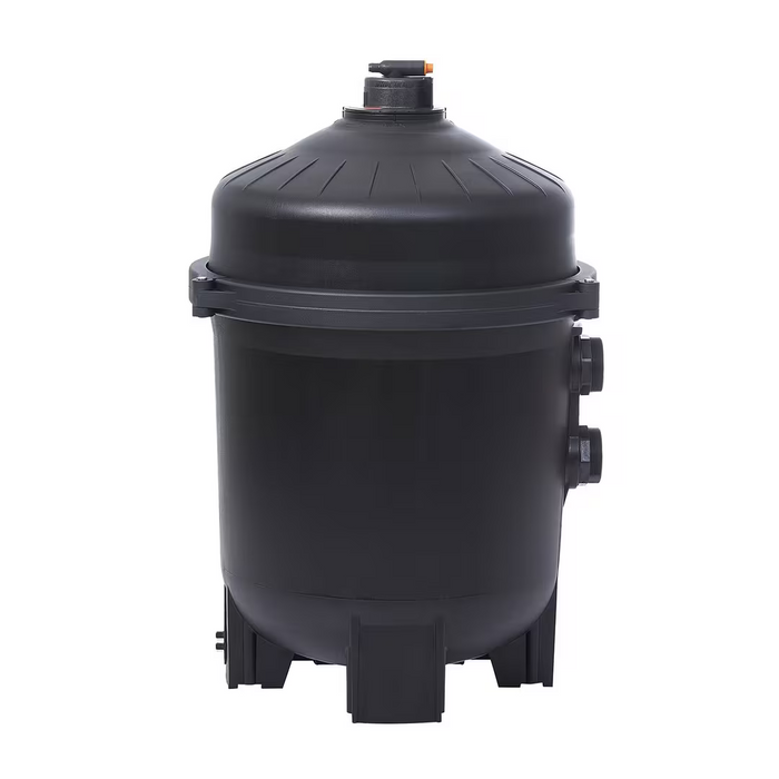 The Hayward 36 Sq Ft ProGrid Vertical Grid DE Pool Filter W3DE3620, expertly designed for pools up to 20,000 gallons, features a sleek black design with a rounded top and multiple side connections to efficiently utilize diatomaceous earth for maintaining crystal-clear water in your pool.