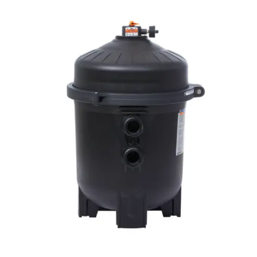 The Hayward 36 Sq Ft ProGrid Vertical Grid DE Pool Filter W3DE3620, designed to accommodate up to 20,000 gallons, showcases a sleek black finish with a round top featuring two front pipe connections. It effectively utilizes diatomaceous earth for efficient filtration and pristine water clarity.