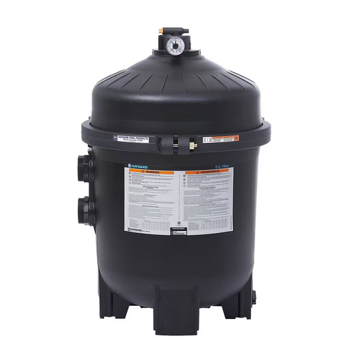 The Hayward 36 Sq Ft ProGrid Vertical Grid DE Pool Filter W3DE3620, suitable for pools up to 20,000 gallons, comes in sleek black and is equipped with a top-mounted pressure gauge and clear front labels. It uses diatomaceous earth to enhance filtration.