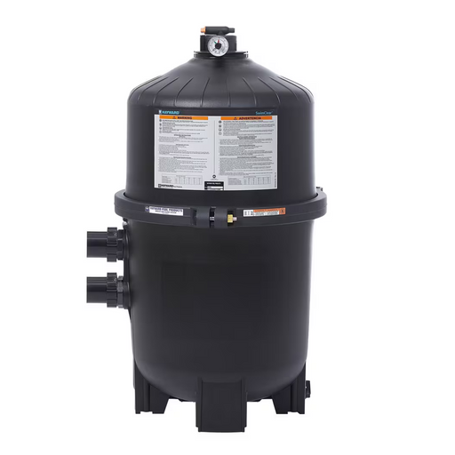 The Hayward W3C4030 SwimClear 4-Cartridge Filter 425 Sq Ft is ideal for in-ground pools. Its sleek black design ensures effective performance and durability, featuring a pressure gauge and multiple connection points for convenience.