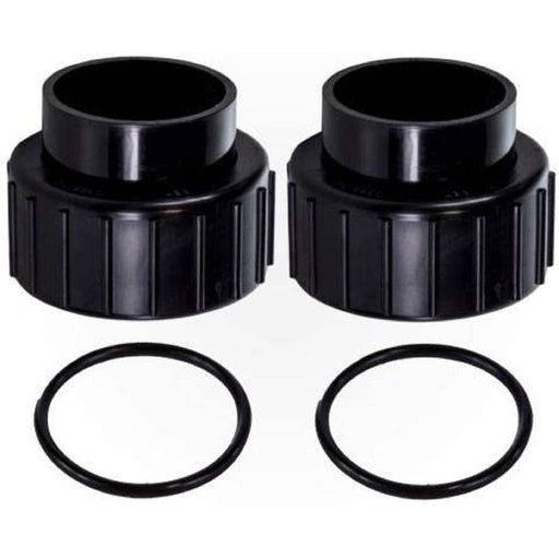 Two black plastic pipe fittings with threaded ends, accompanied by two circular rubber O-rings, placed on a white background; ideal components for the Pentair 474974 Union Kit for maintaining your MasterTemp or Max-E-Therm pool heaters from Pentair Pool.
