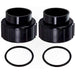 Two black plastic pipe fittings with threaded ends, accompanied by two circular rubber O-rings, placed on a white background; ideal components for the Pentair 474974 Union Kit for maintaining your MasterTemp or Max-E-Therm pool heaters from Pentair Pool.