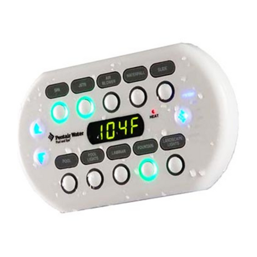 The Pentair IntelliCenter SpaCommand 10 Ten-Function Spa-Side Remote Control by Pentair Pool, in sleek white, displays 104°F on its digital panel and features multiple buttons, lights, and water droplets on its surface. This spa-side remote integrates seamlessly with EasyTouch Control Systems for an effortless hot tub experience.